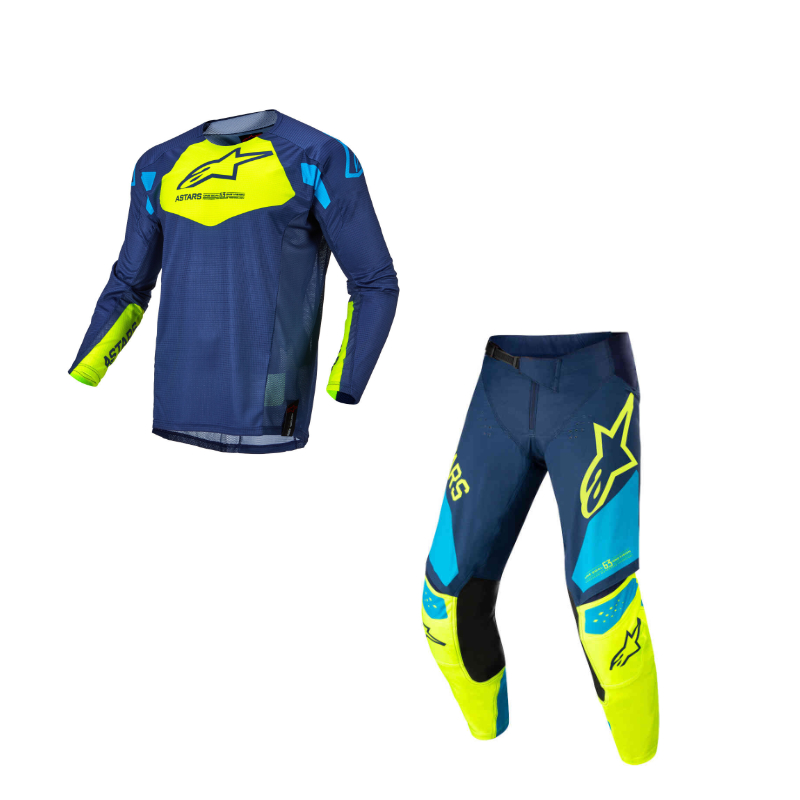 Completo cross bambino Alpinestars RACER FACTORY 2022 blu giallo fluo  pantaloni+maglia - 93776 | 10HP