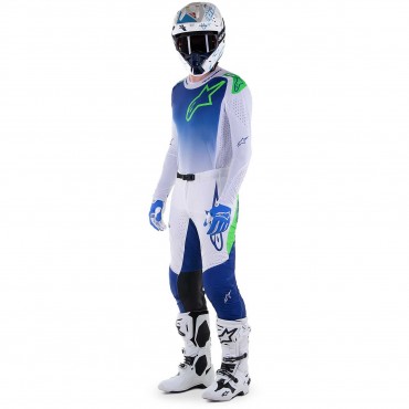 Completo cross Alpinestars Supertech Risen Blue Ray White Green Fluo pantaloni+maglia
