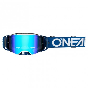 Maschera motocross O'Neal B-55 Cram blu bianco lente specchio blu
